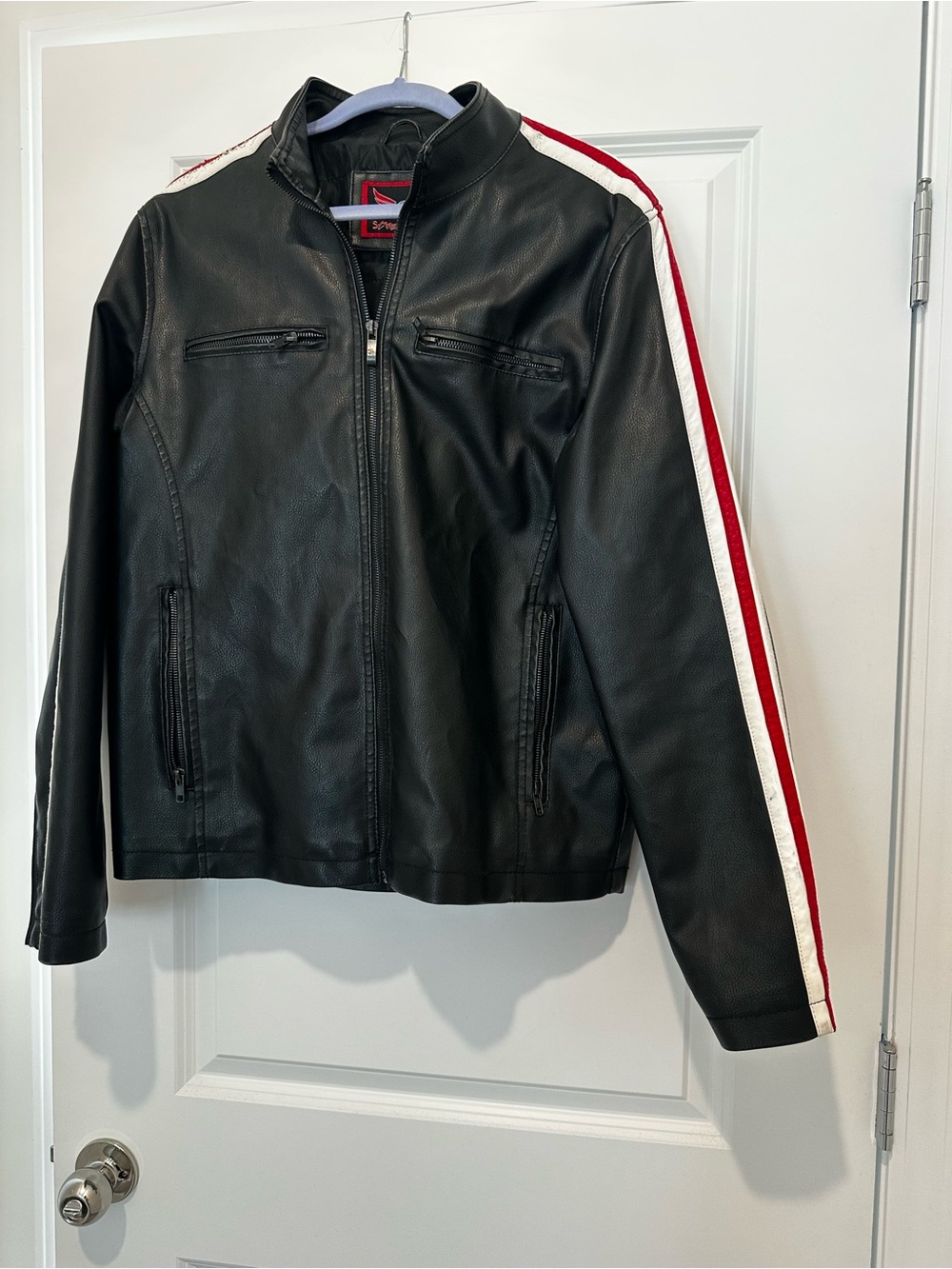 Men's Black Leather Jacket with Red & White Stripes